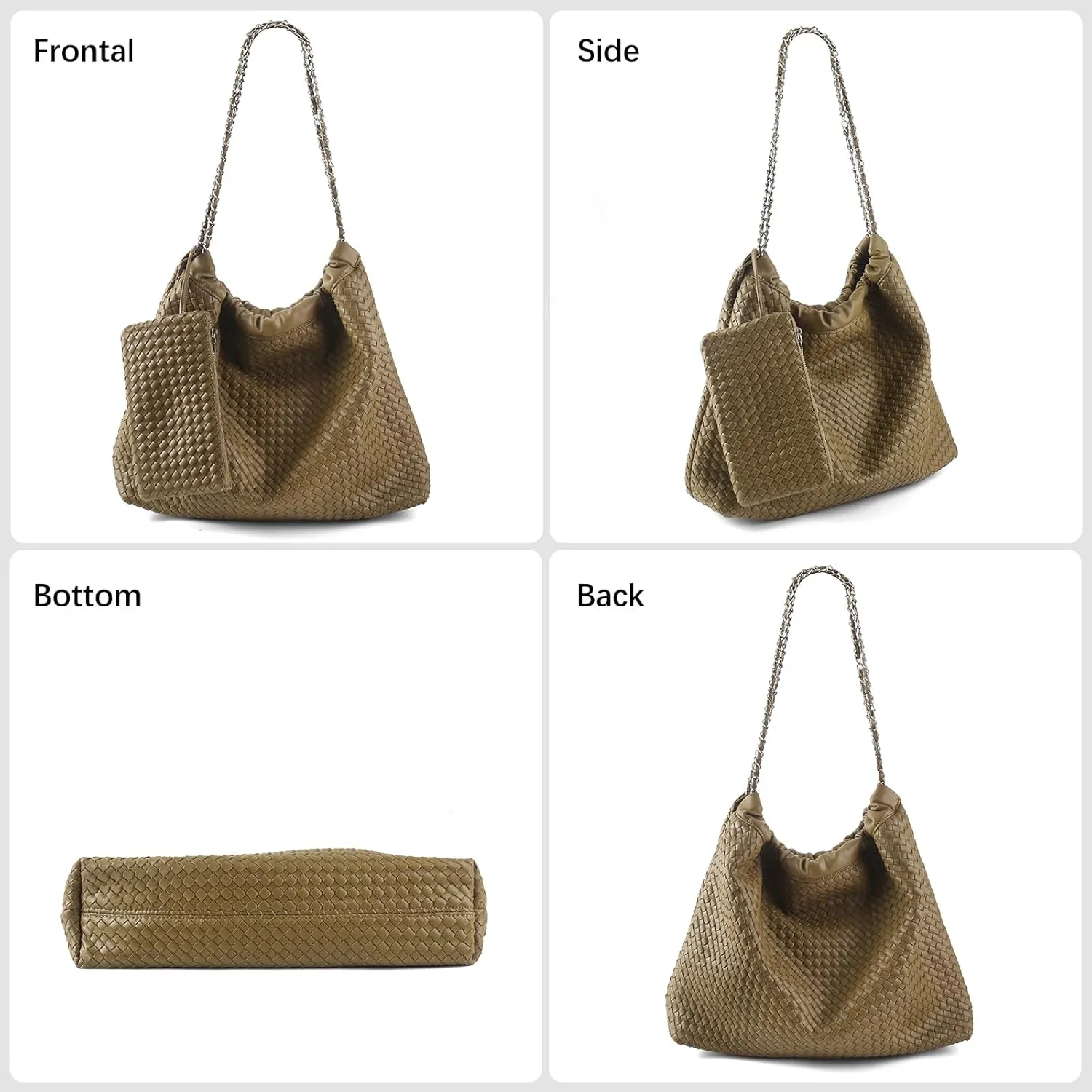 Drawstring Bag for Women Leather Tote Large Capacity Travel Handbag and Purse Foldable Handmade Woven Shoulder Bag