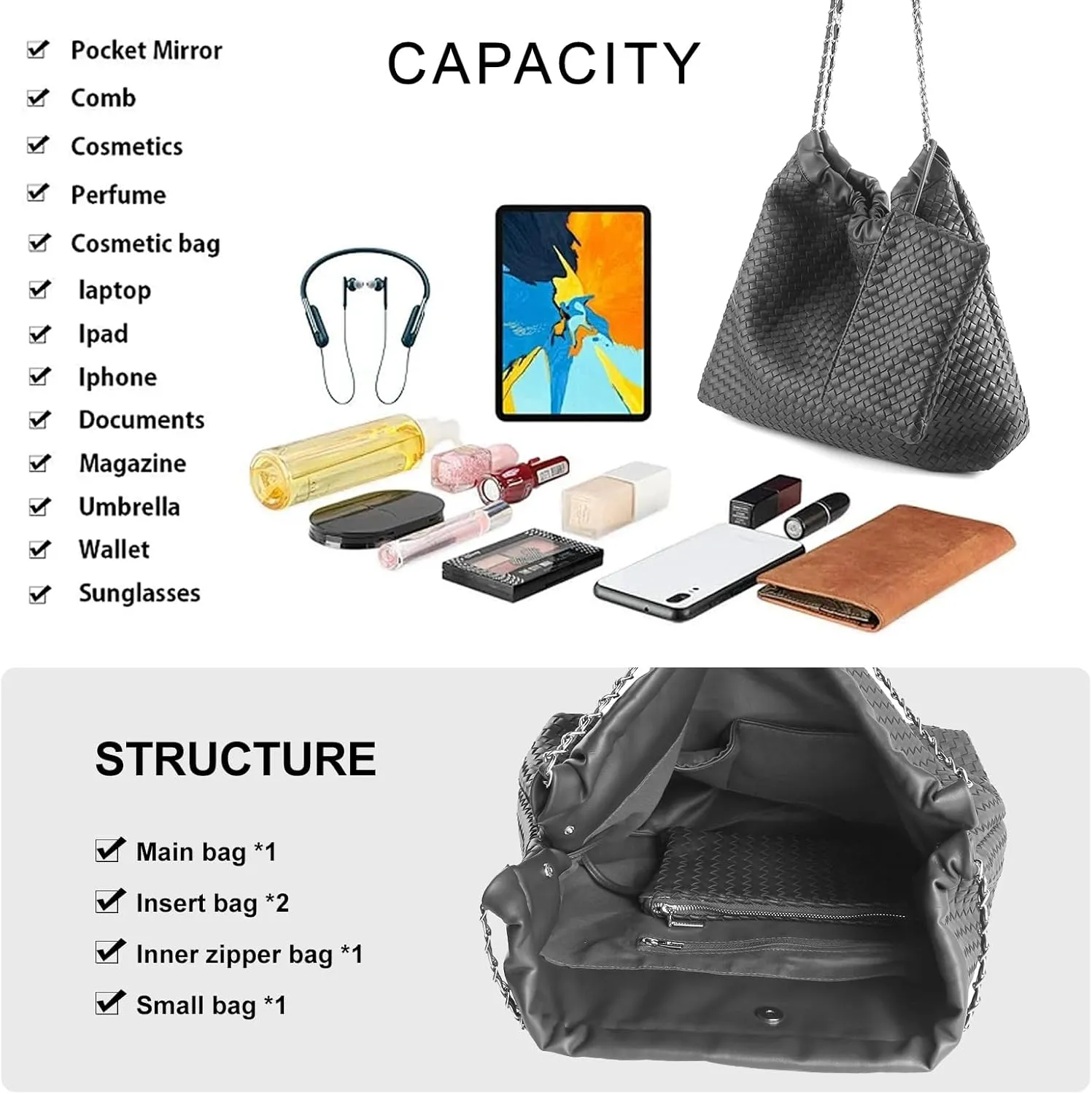 Drawstring Bag for Women Leather Tote Large Capacity Travel Handbag and Purse Foldable Handmade Woven Shoulder Bag