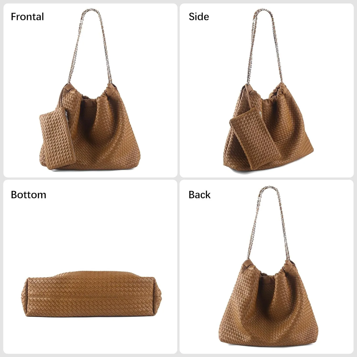 Drawstring Bag for Women Leather Tote Large Capacity Travel Handbag and Purse Foldable Handmade Woven Shoulder Bag