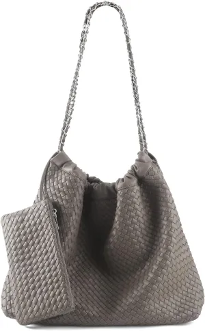 Drawstring Bag for Women Leather Tote Large Capacity Travel Handbag and Purse Foldable Handmade Woven Shoulder Bag