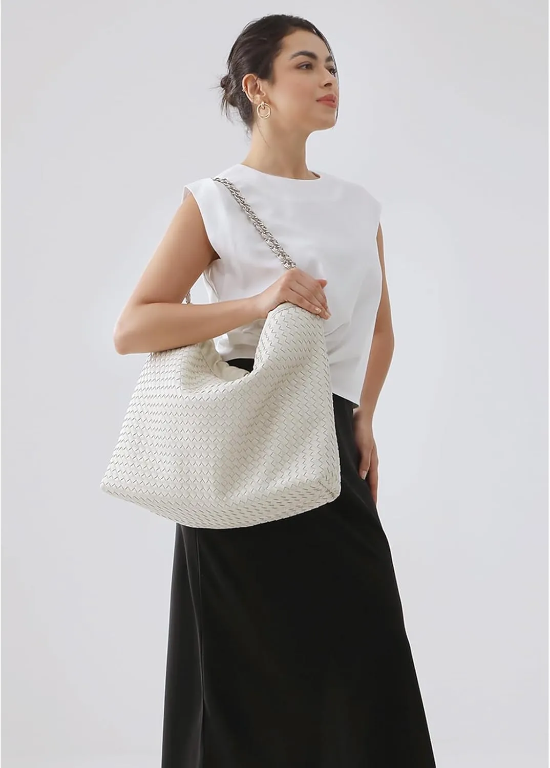 Drawstring Bag for Women Leather Tote Large Capacity Travel Handbag and Purse Foldable Handmade Woven Shoulder Bag