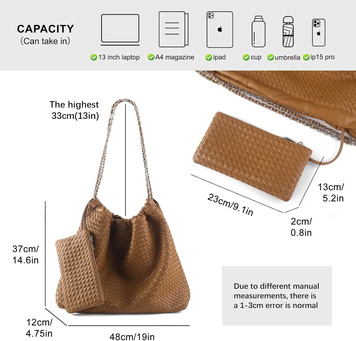 Drawstring Bag for Women Leather Tote Large Capacity Travel Handbag and Purse Foldable Handmade Woven Shoulder Bag