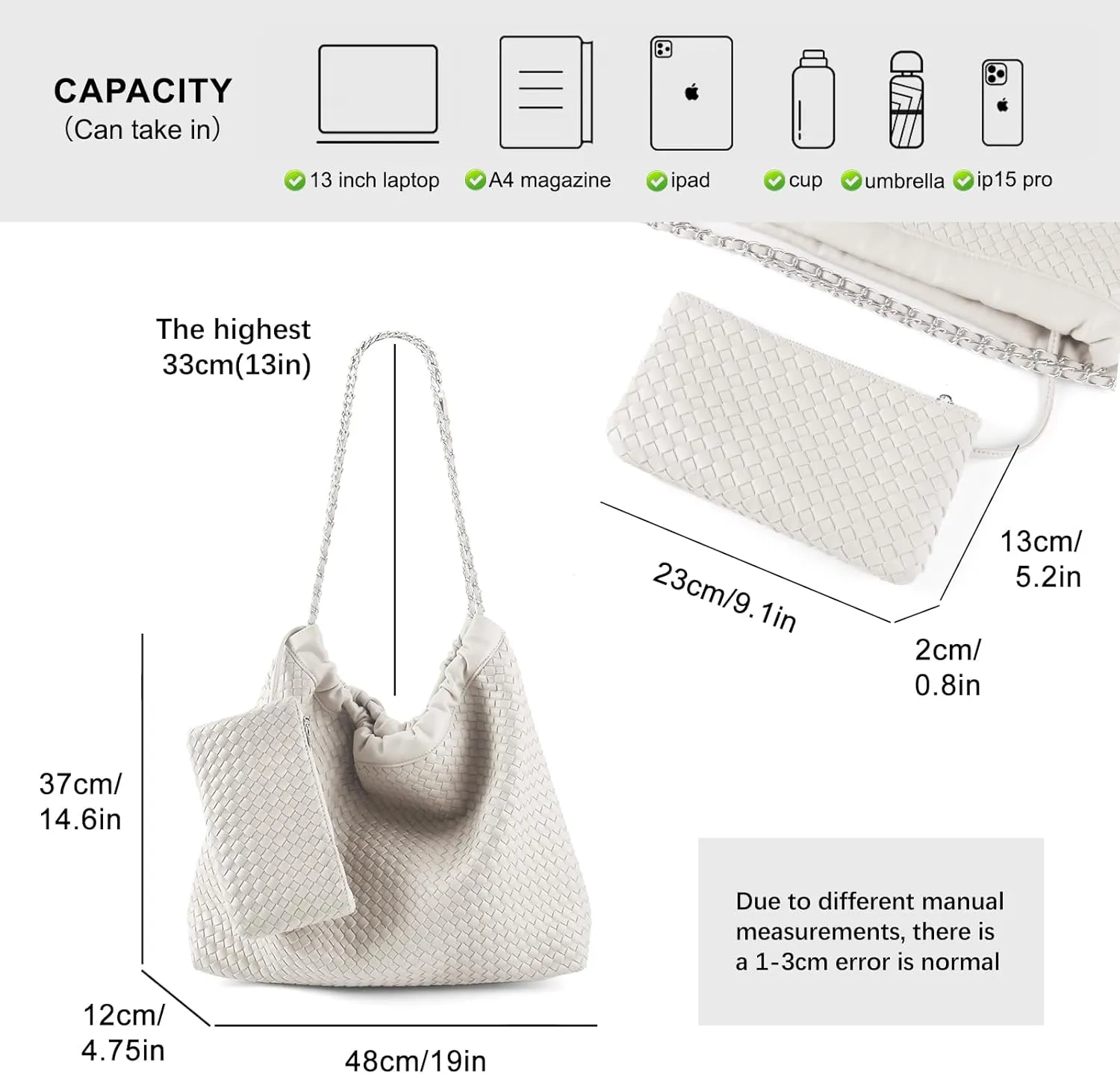 Drawstring Bag for Women Leather Tote Large Capacity Travel Handbag and Purse Foldable Handmade Woven Shoulder Bag