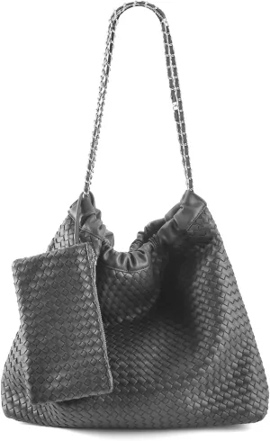Drawstring Bag for Women Leather Tote Large Capacity Travel Handbag and Purse Foldable Handmade Woven Shoulder Bag
