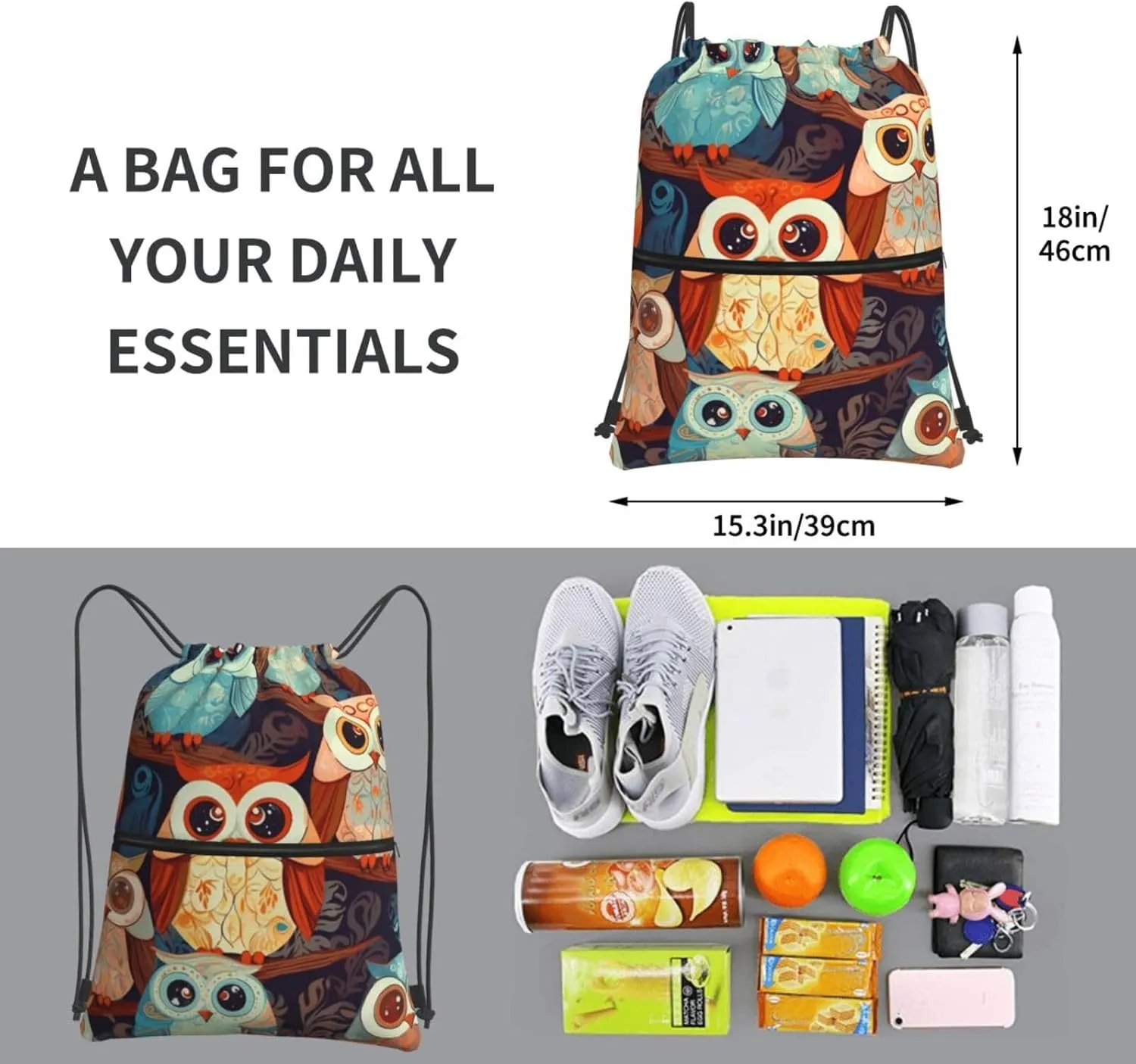 Drawstring Bag Gym Sack Drawstring Backpack Sport Gym Sack Cinch Bag Anime Owl Sport Bags for Travel, Anime Owl, One Size