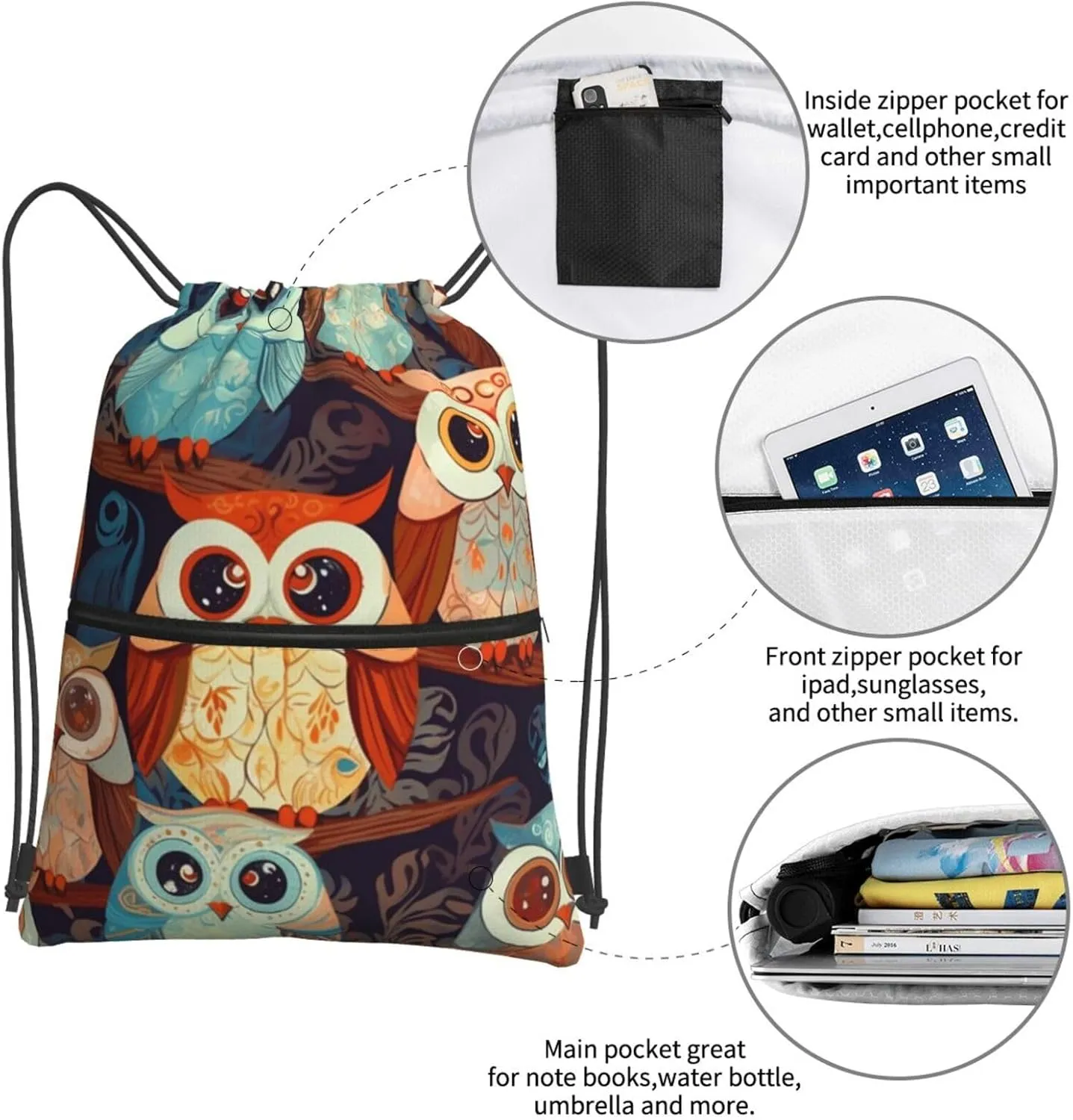 Drawstring Bag Gym Sack Drawstring Backpack Sport Gym Sack Cinch Bag Anime Owl Sport Bags for Travel, Anime Owl, One Size