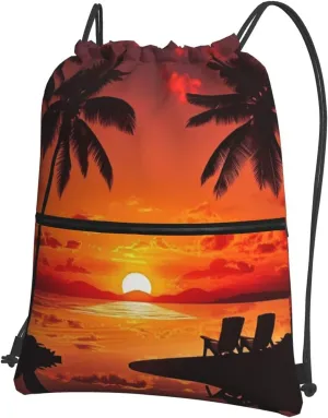 Drawstring Bag Gym Sack Drawstring Backpack Sport Gym Sack Cinch Bag Beautiful color Sport Bags for Travel, Sunset and Coconut Trees, One Size