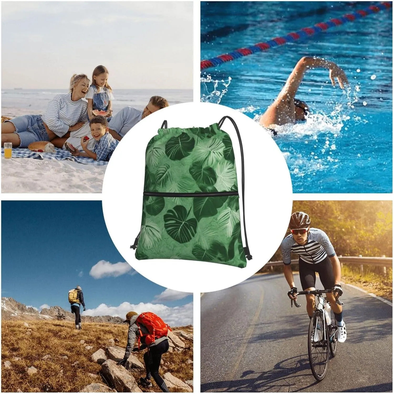 Drawstring Bag Gym Sack Drawstring Backpack Sport Gym Sack Cinch Bag Floral Tribal Patterns Sport Bags for Travel, Green Tropical Leaves, One Size