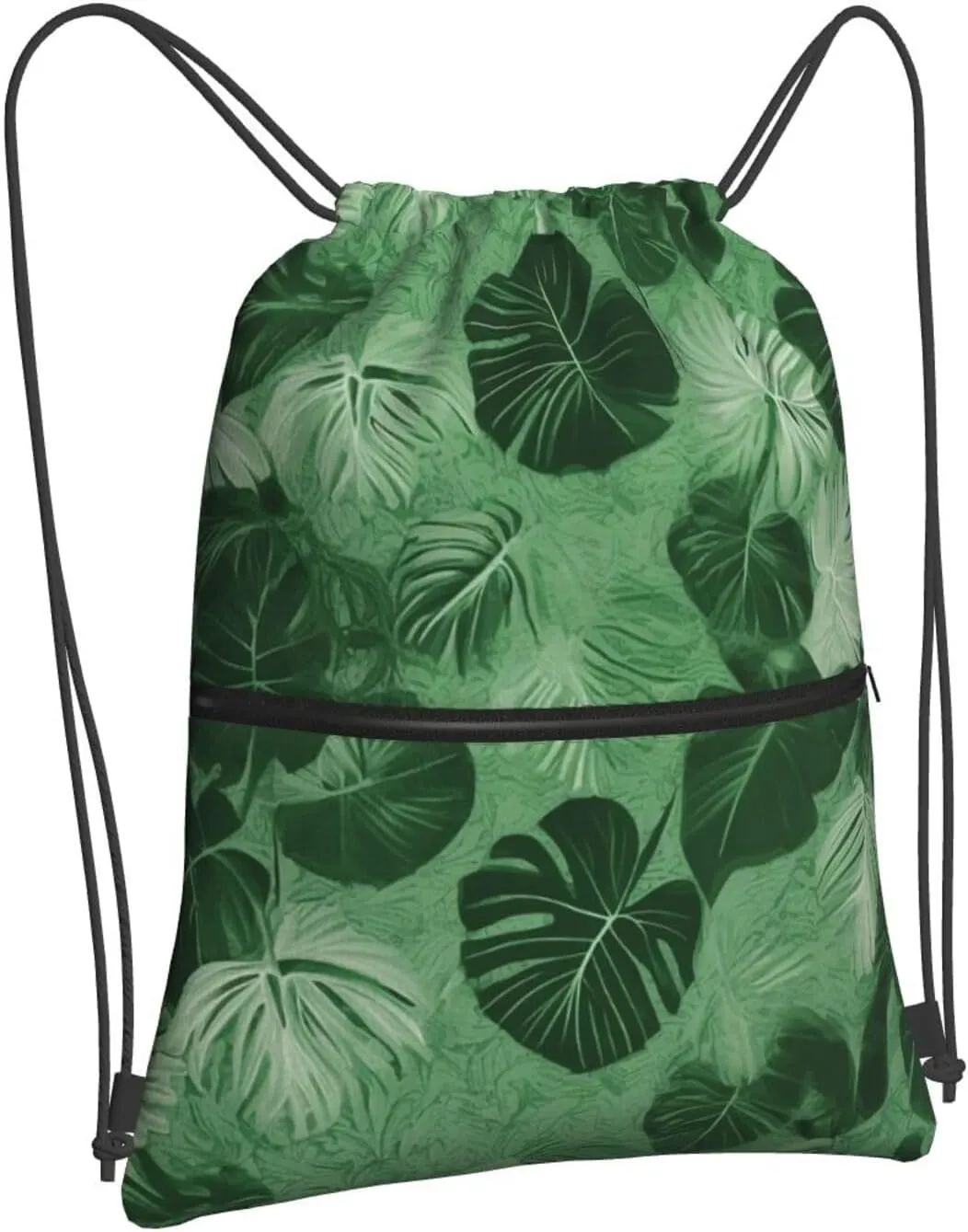 Drawstring Bag Gym Sack Drawstring Backpack Sport Gym Sack Cinch Bag Floral Tribal Patterns Sport Bags for Travel, Green Tropical Leaves, One Size