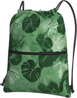 Drawstring Bag Gym Sack Drawstring Backpack Sport Gym Sack Cinch Bag Floral Tribal Patterns Sport Bags for Travel, Green Tropical Leaves, One Size