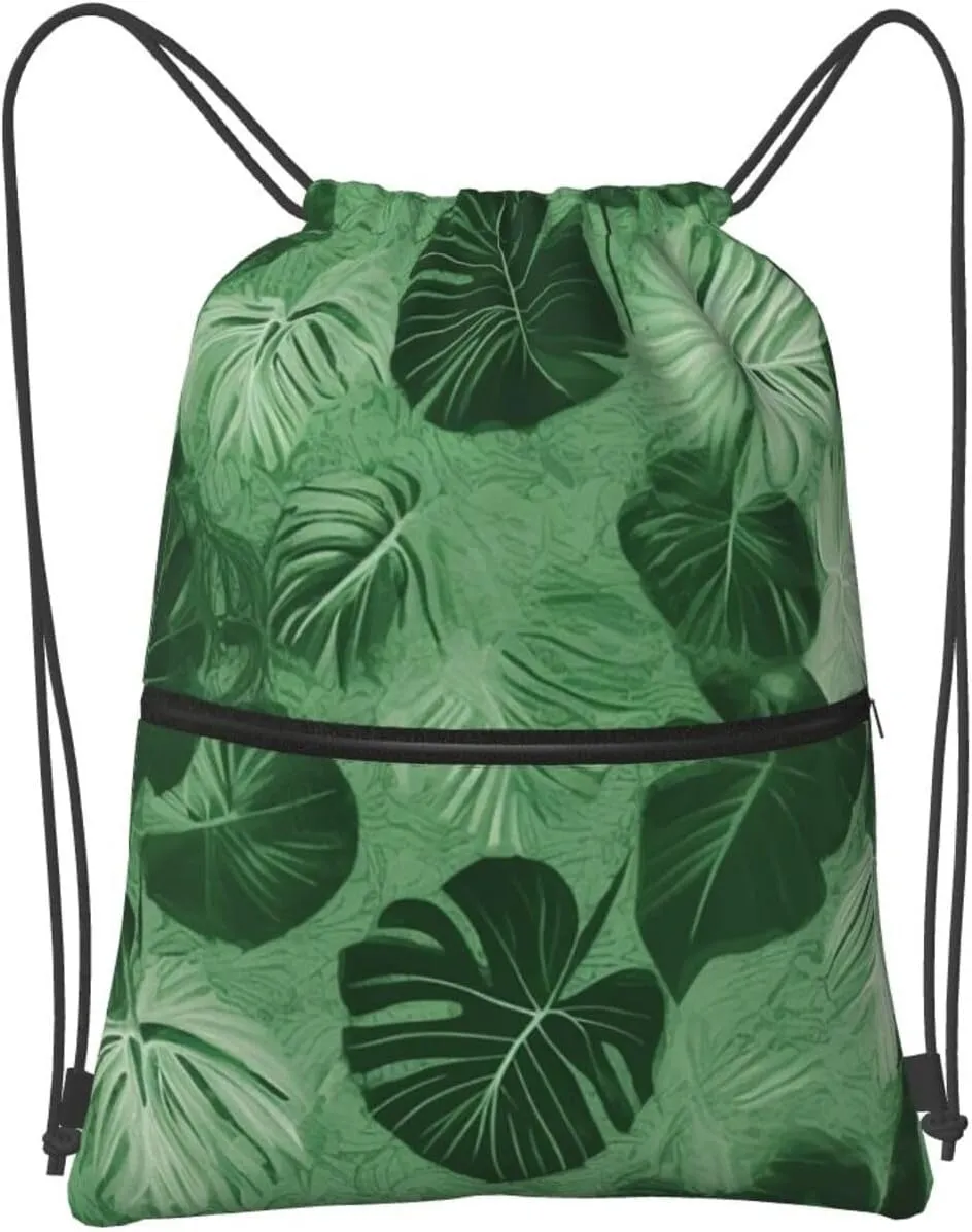 Drawstring Bag Gym Sack Drawstring Backpack Sport Gym Sack Cinch Bag Floral Tribal Patterns Sport Bags for Travel, Green Tropical Leaves, One Size