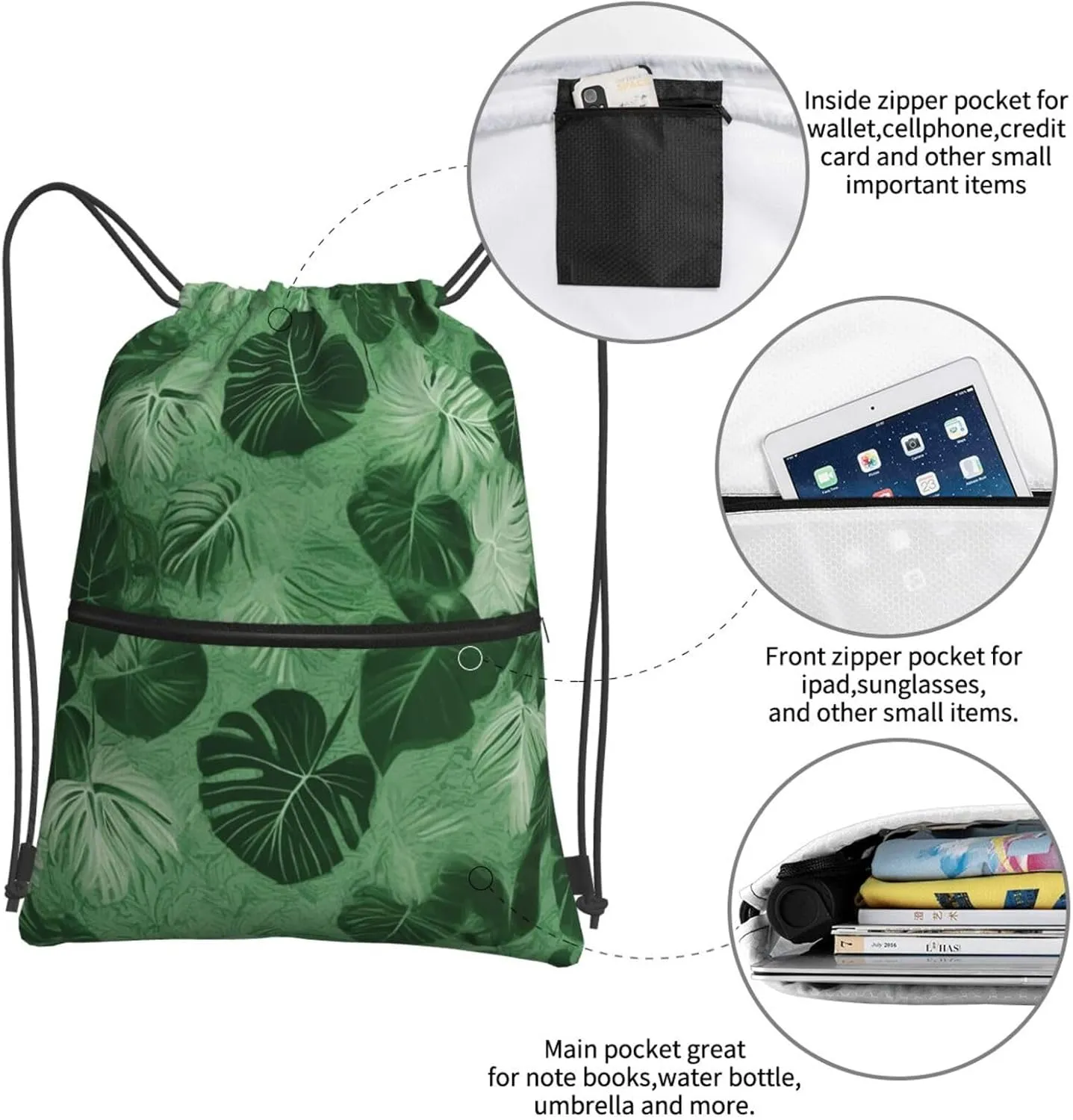 Drawstring Bag Gym Sack Drawstring Backpack Sport Gym Sack Cinch Bag Floral Tribal Patterns Sport Bags for Travel, Green Tropical Leaves, One Size