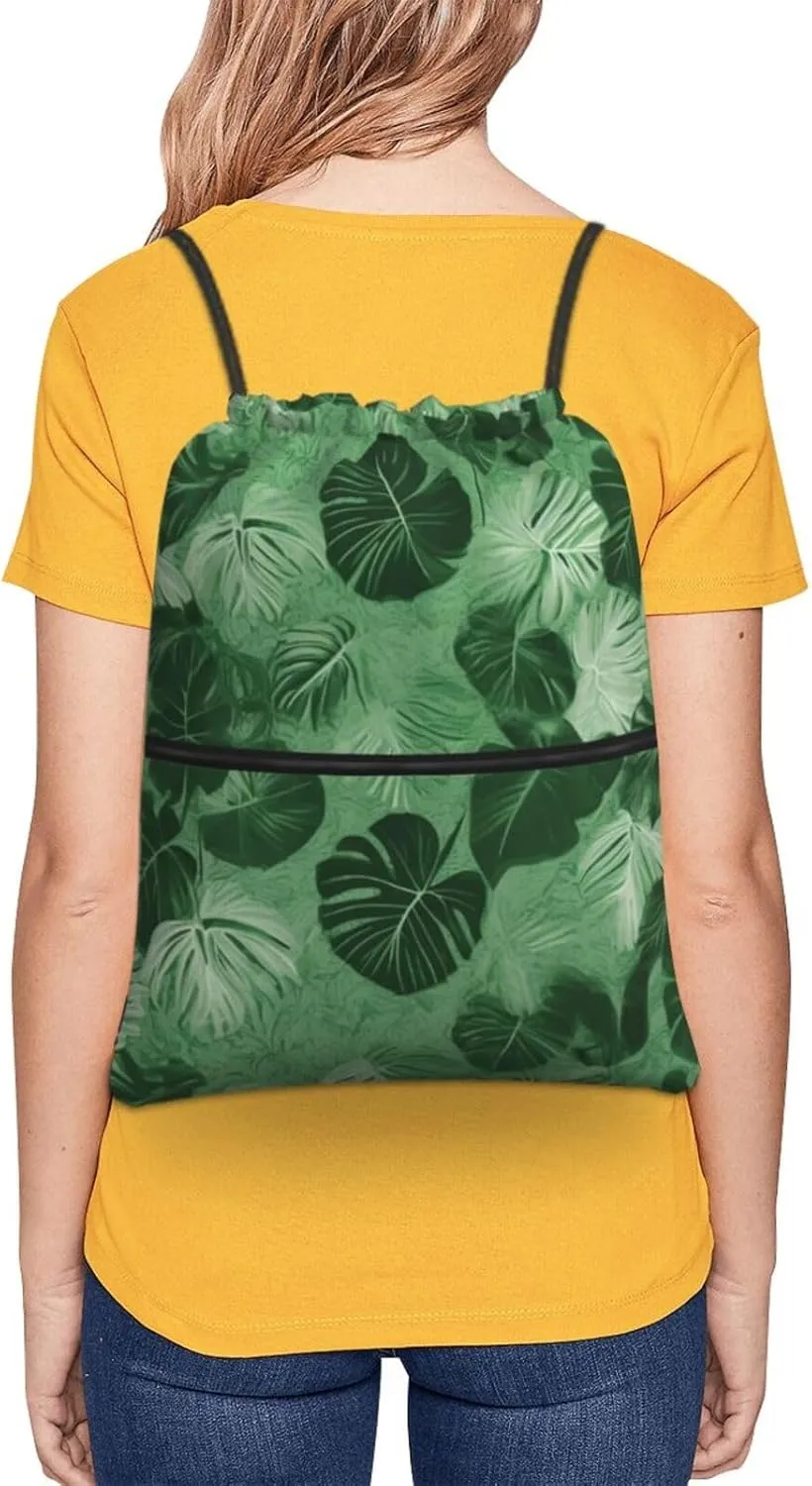 Drawstring Bag Gym Sack Drawstring Backpack Sport Gym Sack Cinch Bag Floral Tribal Patterns Sport Bags for Travel, Green Tropical Leaves, One Size