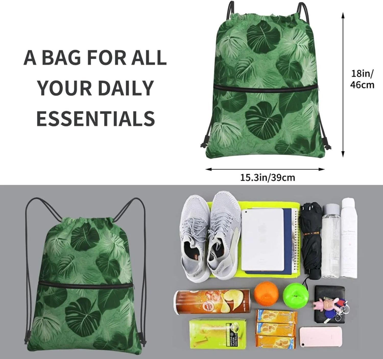 Drawstring Bag Gym Sack Drawstring Backpack Sport Gym Sack Cinch Bag Floral Tribal Patterns Sport Bags for Travel, Green Tropical Leaves, One Size