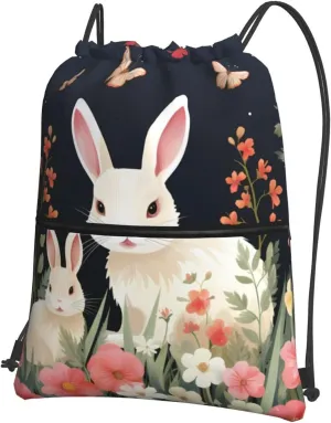 Drawstring Bag Gym Sack Drawstring Backpack Sport Gym Sack Cinch Bag Wolf Head Pattern Sport Bags for Travel, Rabbit and Flowers Cartoon, One Size