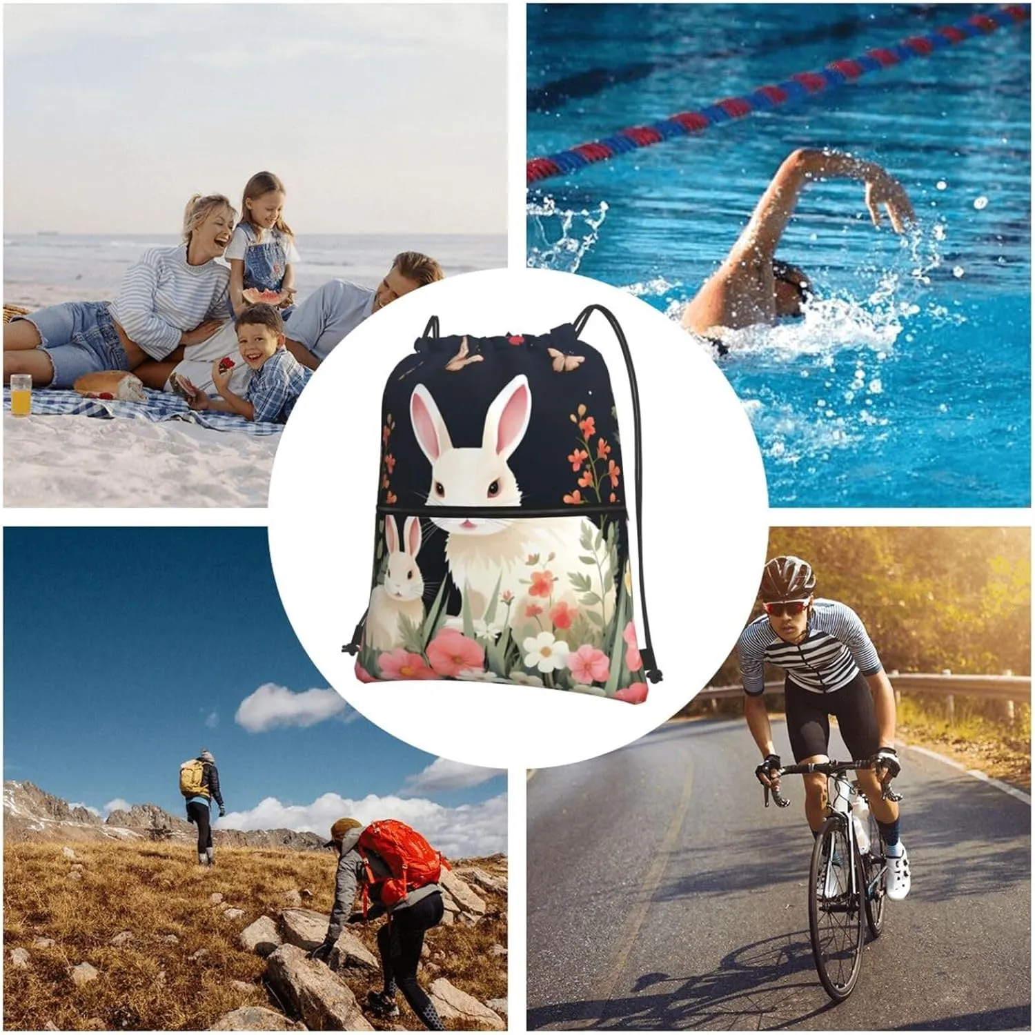 Drawstring Bag Gym Sack Drawstring Backpack Sport Gym Sack Cinch Bag Wolf Head Pattern Sport Bags for Travel, Rabbit and Flowers Cartoon, One Size