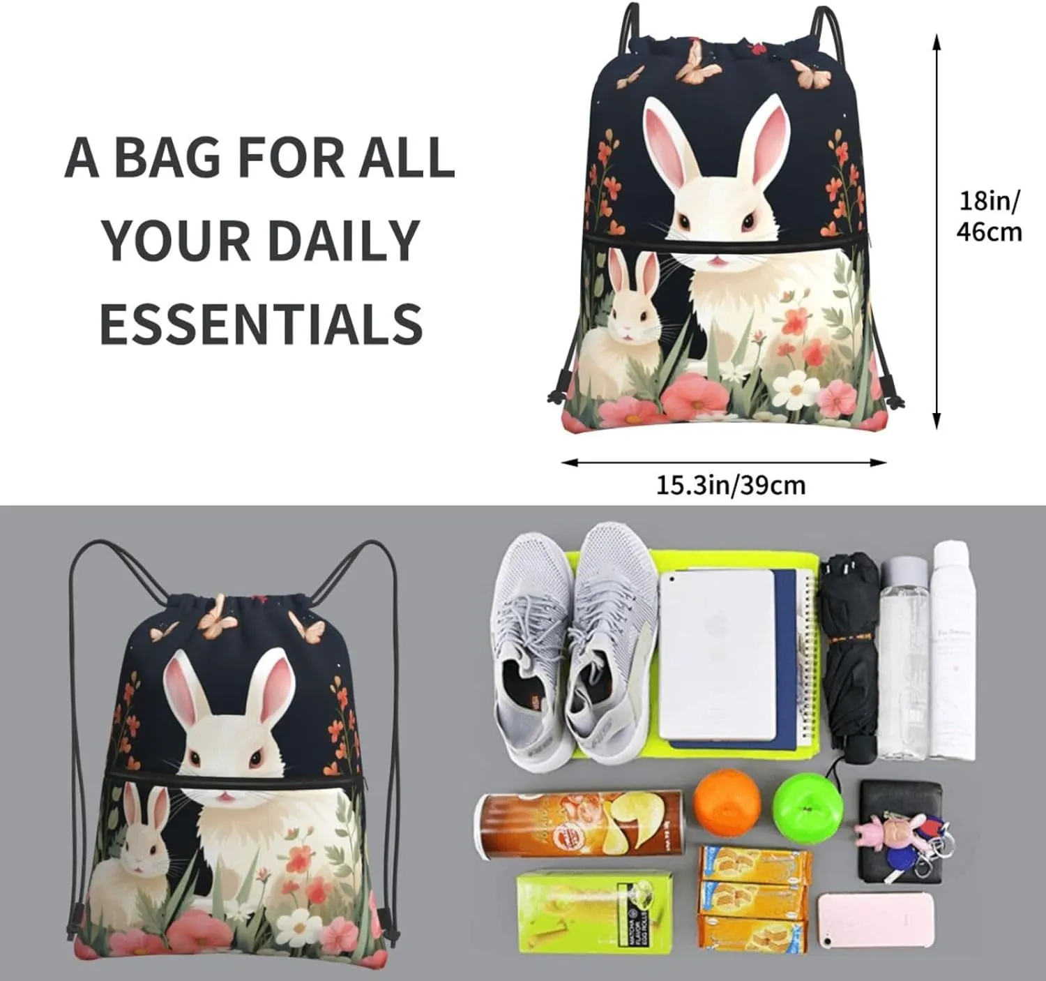 Drawstring Bag Gym Sack Drawstring Backpack Sport Gym Sack Cinch Bag Wolf Head Pattern Sport Bags for Travel, Rabbit and Flowers Cartoon, One Size