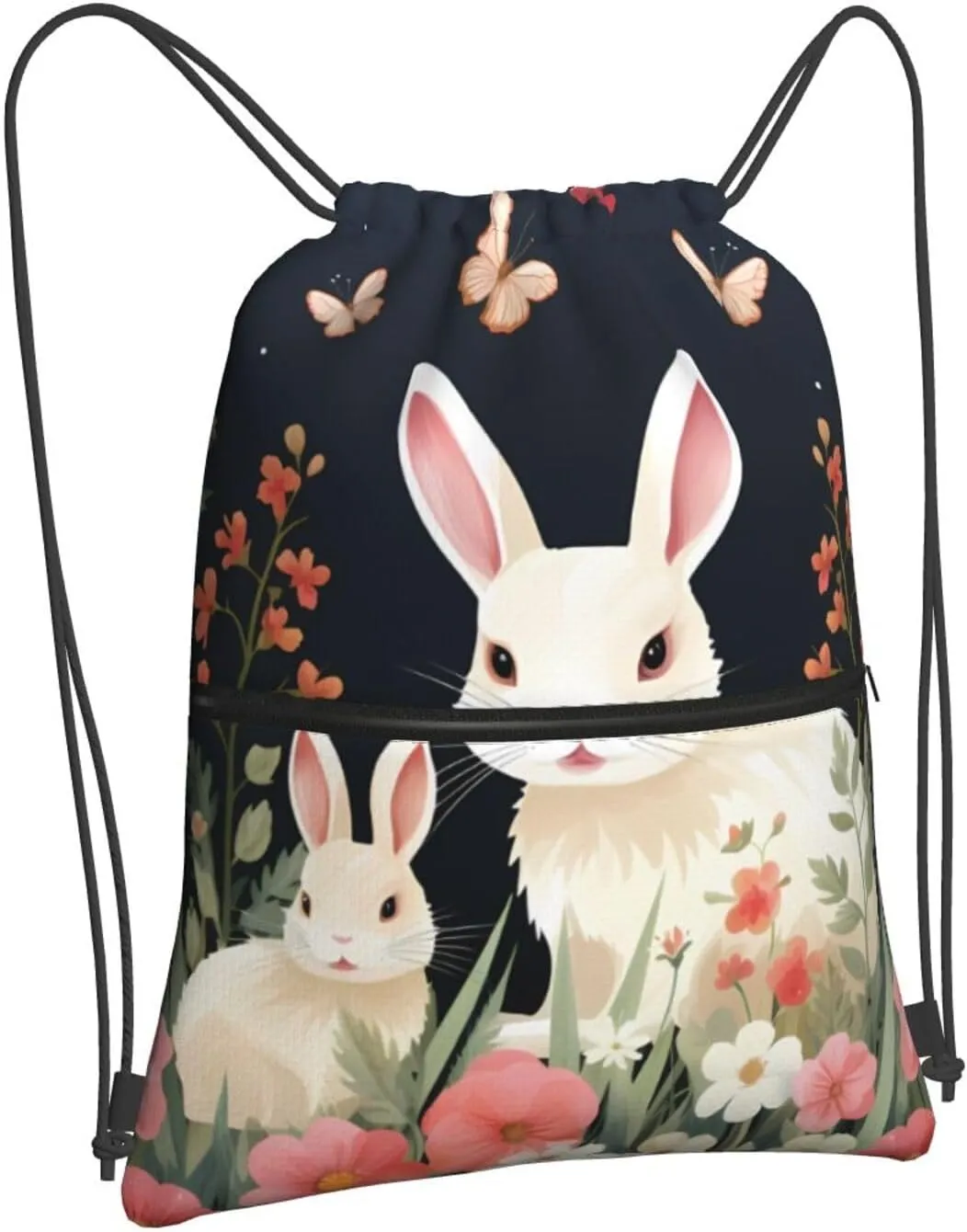 Drawstring Bag Gym Sack Drawstring Backpack Sport Gym Sack Cinch Bag Wolf Head Pattern Sport Bags for Travel, Rabbit and Flowers Cartoon, One Size
