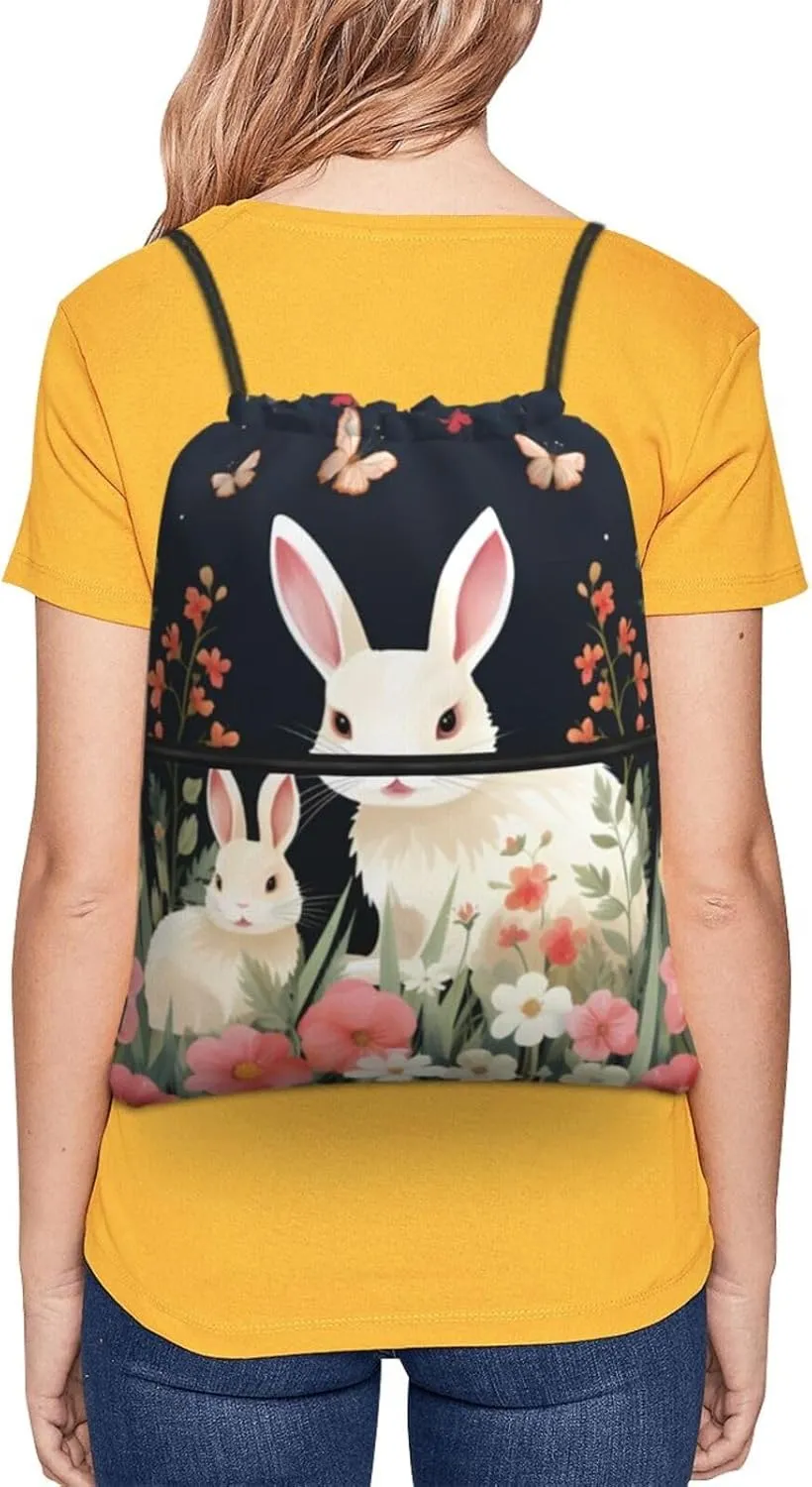 Drawstring Bag Gym Sack Drawstring Backpack Sport Gym Sack Cinch Bag Wolf Head Pattern Sport Bags for Travel, Rabbit and Flowers Cartoon, One Size