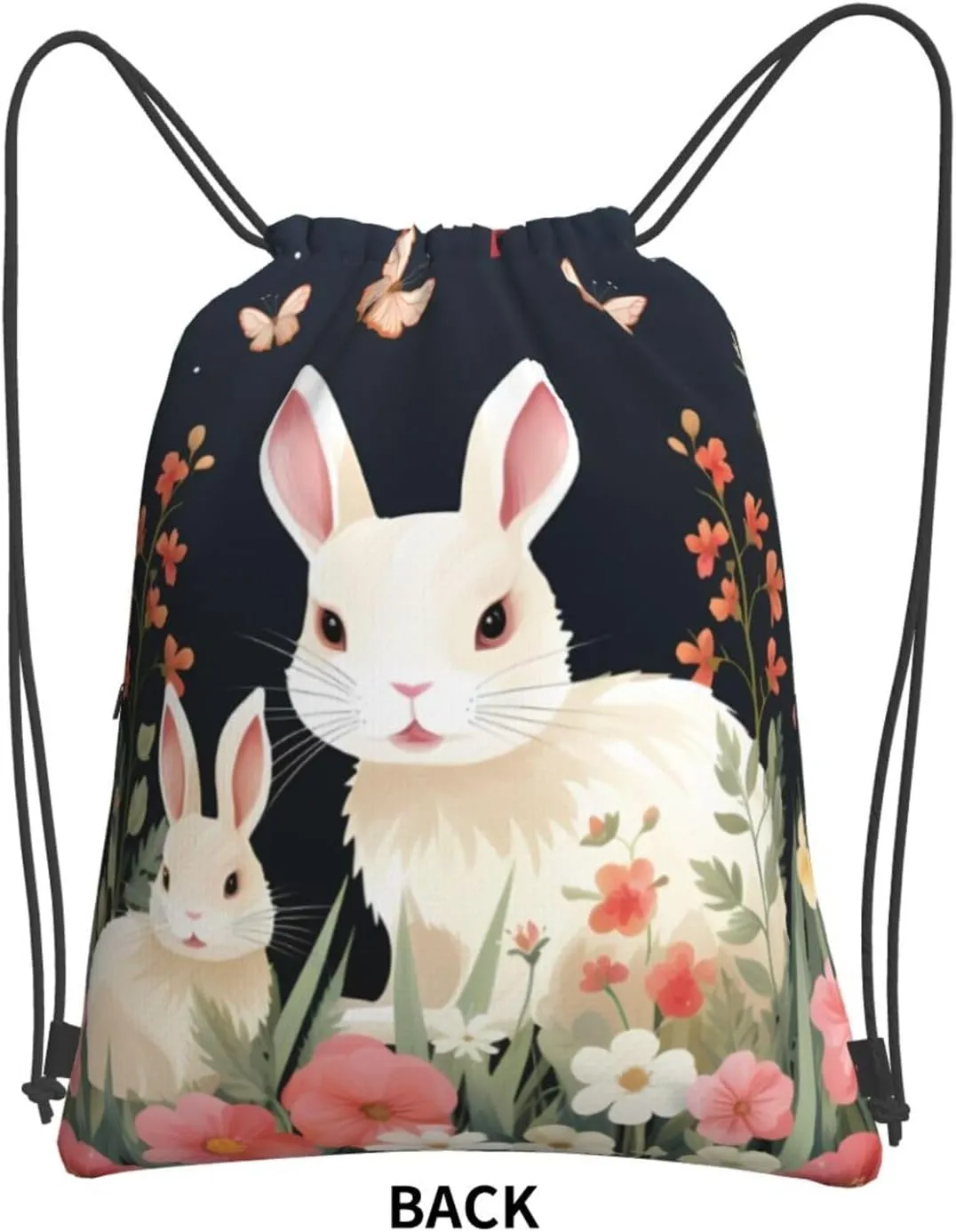 Drawstring Bag Gym Sack Drawstring Backpack Sport Gym Sack Cinch Bag Wolf Head Pattern Sport Bags for Travel, Rabbit and Flowers Cartoon, One Size