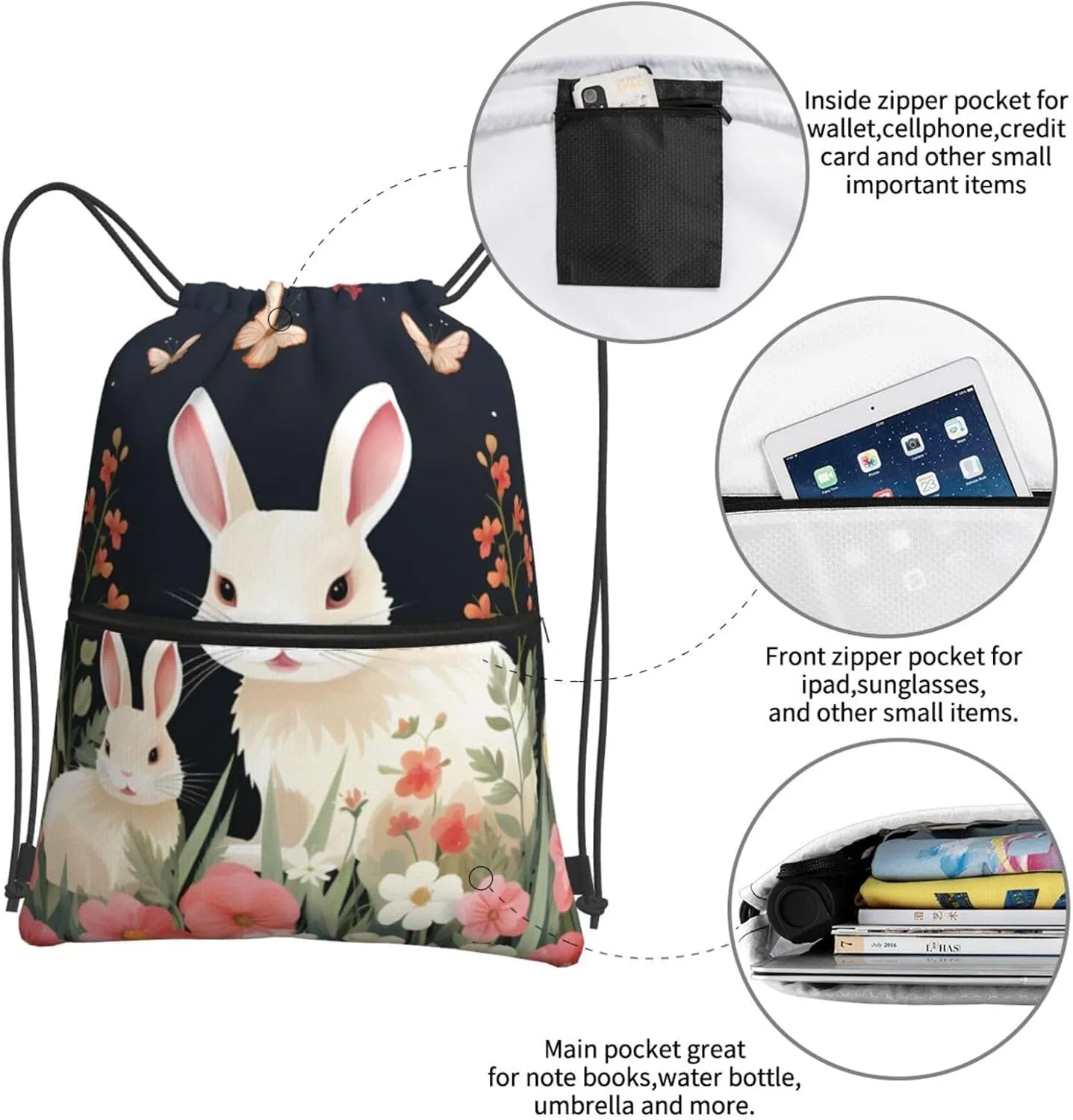 Drawstring Bag Gym Sack Drawstring Backpack Sport Gym Sack Cinch Bag Wolf Head Pattern Sport Bags for Travel, Rabbit and Flowers Cartoon, One Size
