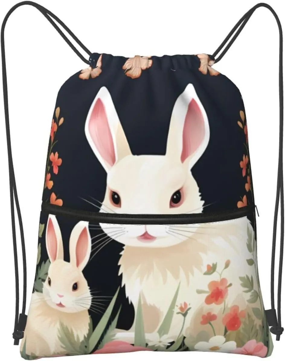 Drawstring Bag Gym Sack Drawstring Backpack Sport Gym Sack Cinch Bag Wolf Head Pattern Sport Bags for Travel, Rabbit and Flowers Cartoon, One Size