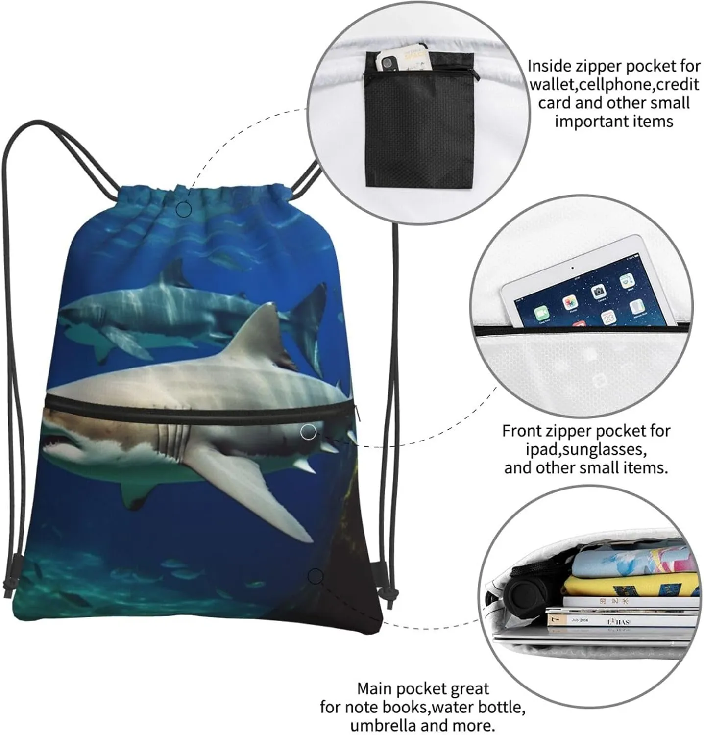 Drawstring Bag Gym Sack Drawstring Backpack Sport Gym Sack Cinch Bag Zebra Print Sport Bags for Travel, Two White Sharks, One Size