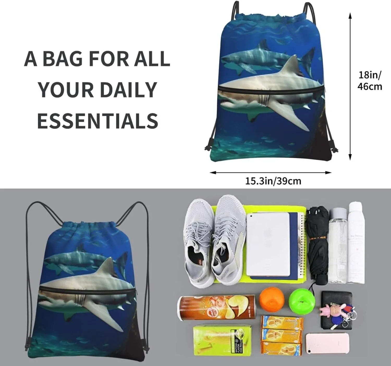 Drawstring Bag Gym Sack Drawstring Backpack Sport Gym Sack Cinch Bag Zebra Print Sport Bags for Travel, Two White Sharks, One Size