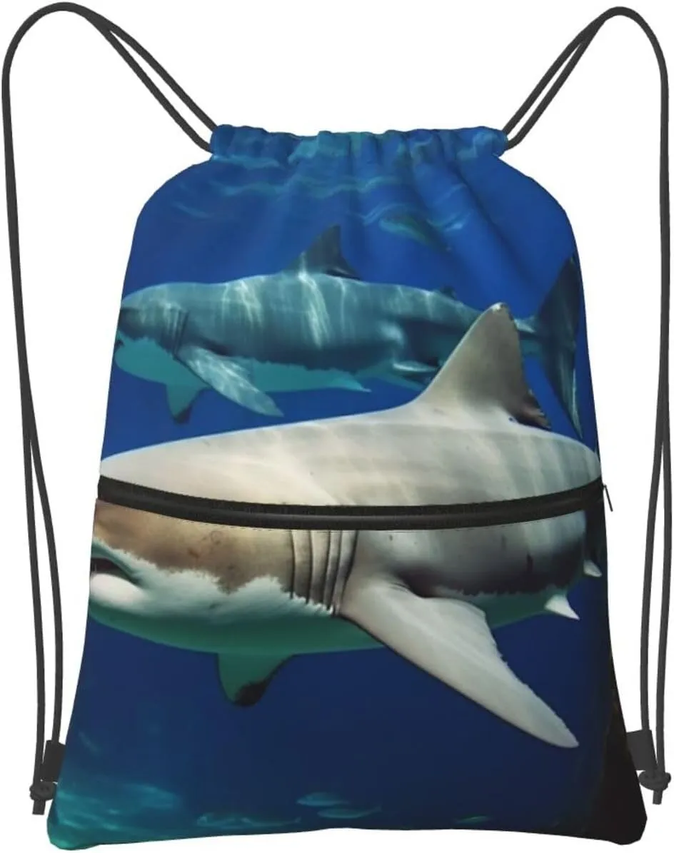 Drawstring Bag Gym Sack Drawstring Backpack Sport Gym Sack Cinch Bag Zebra Print Sport Bags for Travel, Two White Sharks, One Size