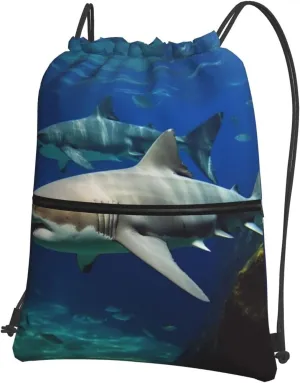 Drawstring Bag Gym Sack Drawstring Backpack Sport Gym Sack Cinch Bag Zebra Print Sport Bags for Travel, Two White Sharks, One Size
