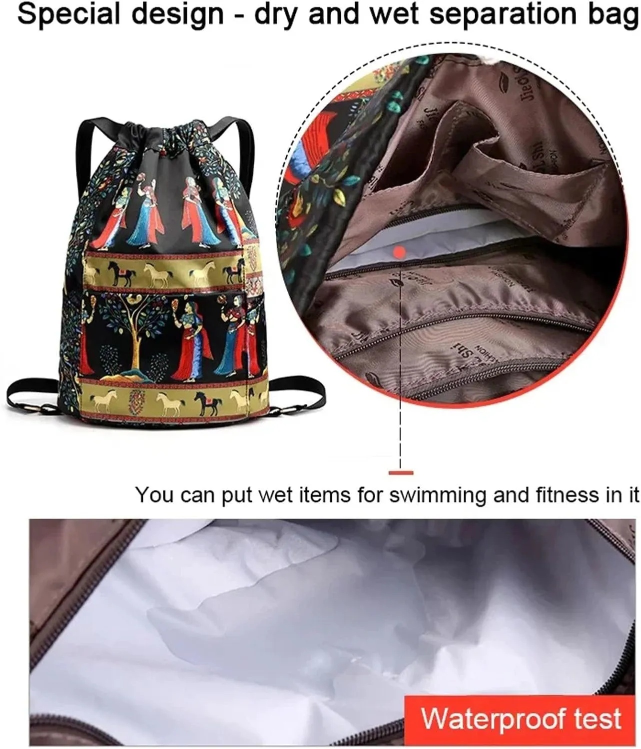 Drawstring Foldable Large Capacity Dry-wet Separation Travel Sports Backpack Waterproof Gym Bag with Multiple Pockets (Black)