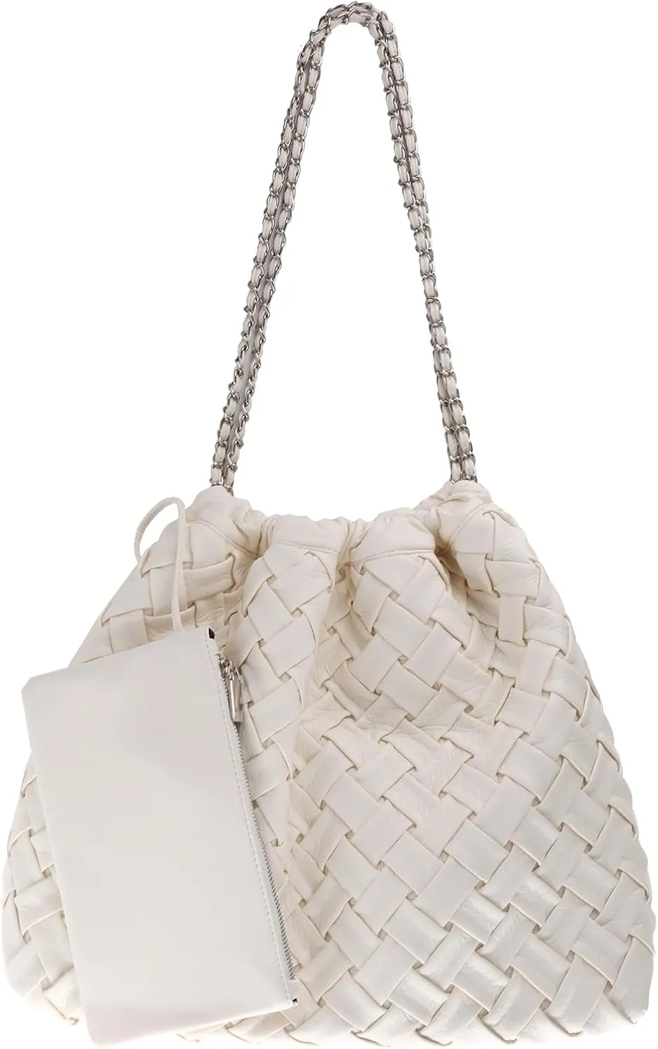 Drawstring Woven Shoulder Bag for Women, Large Vegan Leather Tote Bag Summer Beach Handbag with Purse Satchel Bag