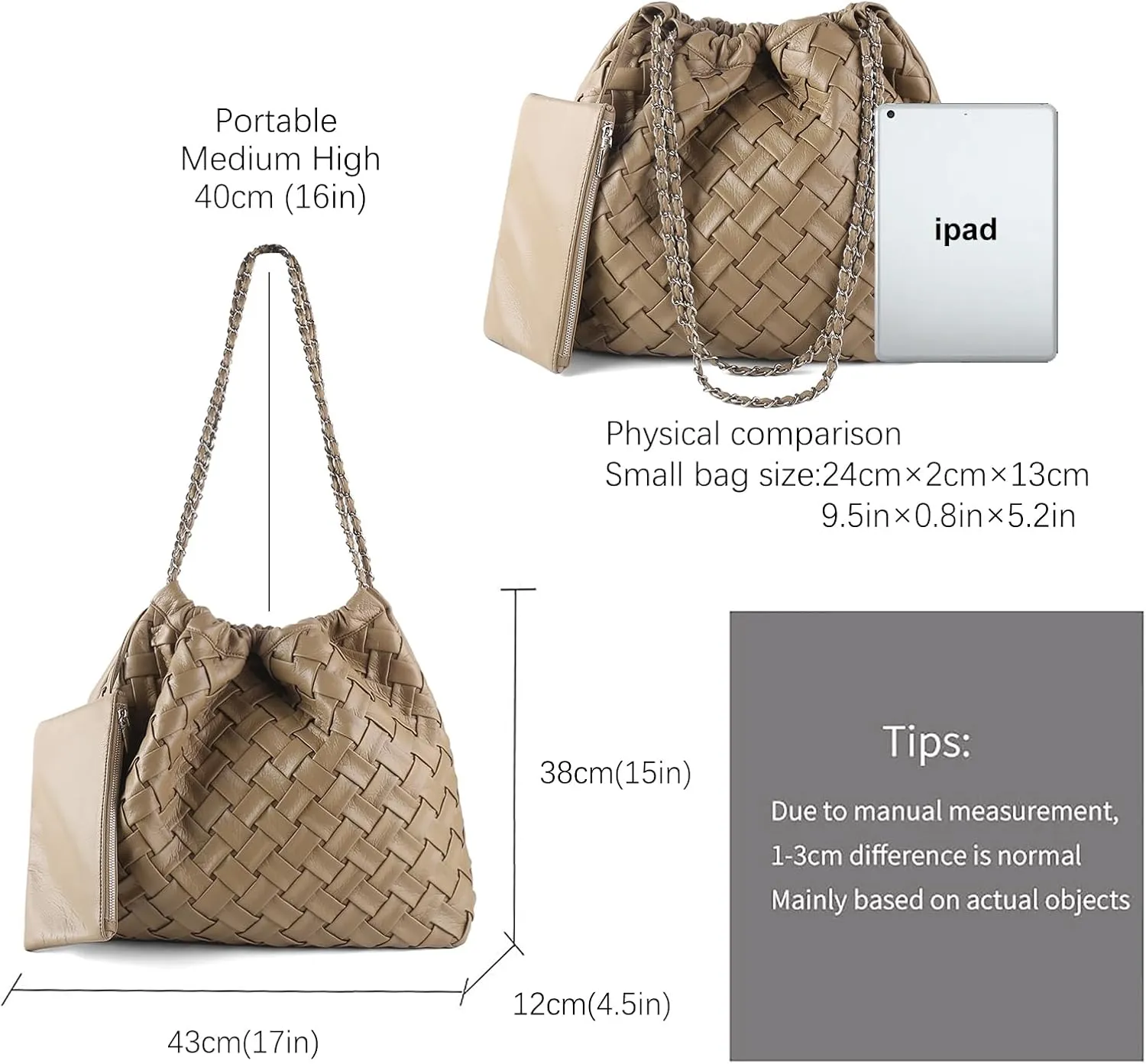 Drawstring Woven Shoulder Bag for Women, Large Vegan Leather Tote Bag Summer Beach Handbag with Purse Satchel Bag