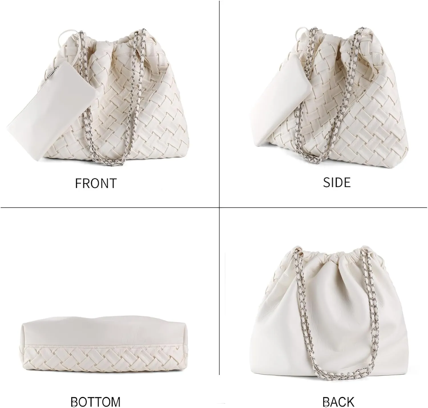 Drawstring Woven Shoulder Bag for Women, Large Vegan Leather Tote Bag Summer Beach Handbag with Purse Satchel Bag
