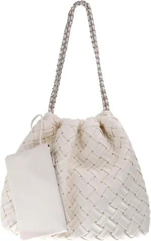 Drawstring Woven Shoulder Bag for Women, Large Vegan Leather Tote Bag Summer Beach Handbag with Purse Satchel Bag
