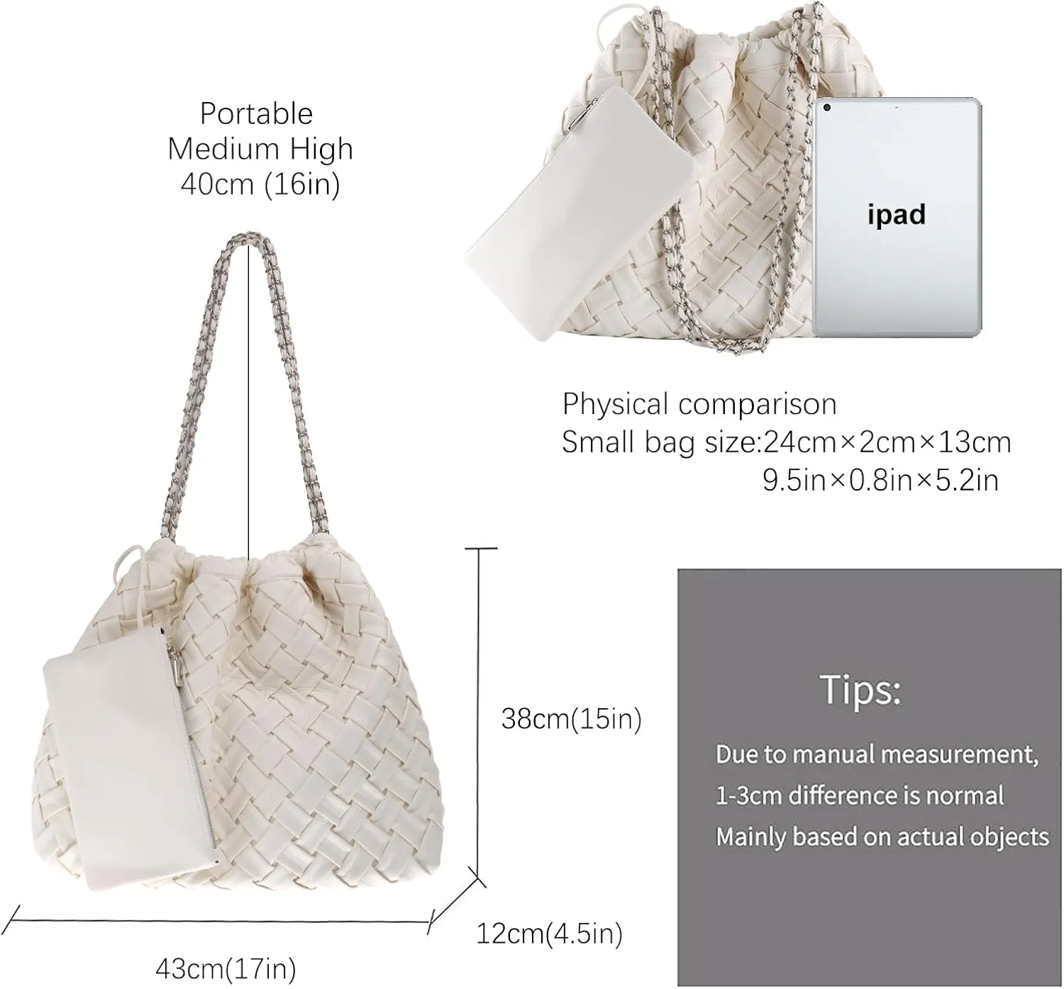 Drawstring Woven Shoulder Bag for Women, Large Vegan Leather Tote Bag Summer Beach Handbag with Purse Satchel Bag