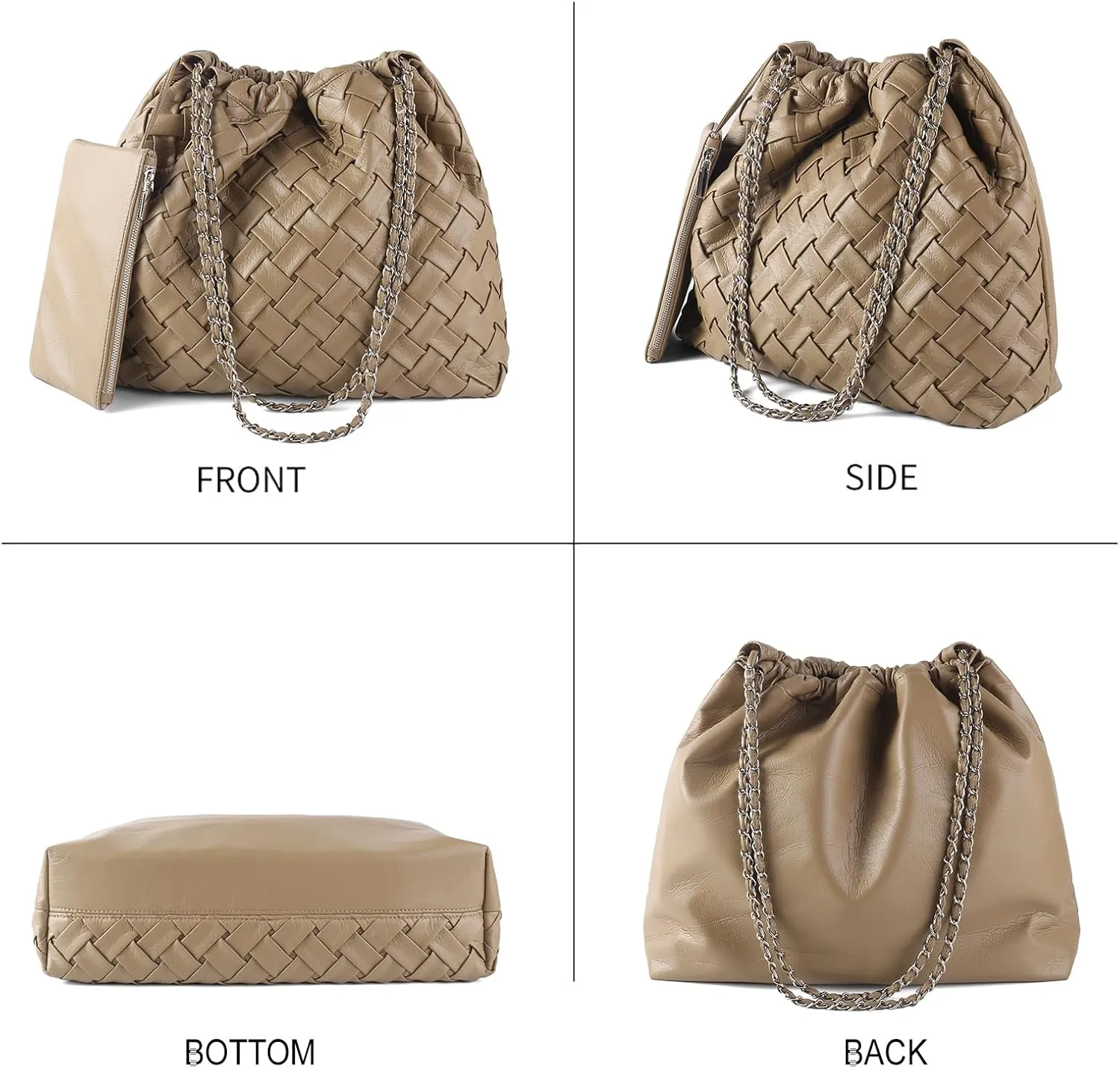 Drawstring Woven Shoulder Bag for Women, Large Vegan Leather Tote Bag Summer Beach Handbag with Purse Satchel Bag