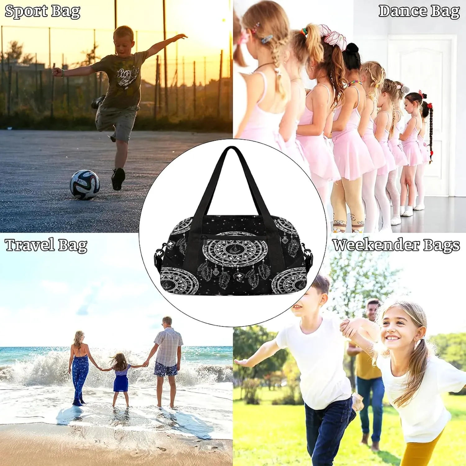 Dream Catcher Pattern Kids Duffel Bag Lightweight Waterproof Sports Gym Bag with Front Zipper Pocket Foldable Weekender Overnight Bag for School Practice Gymnastic Ballet