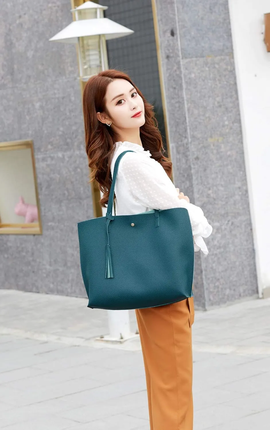Dreubea Women's Soft Faux Leather Tote Shoulder Bag from, Big Capacity Tassel Handbag