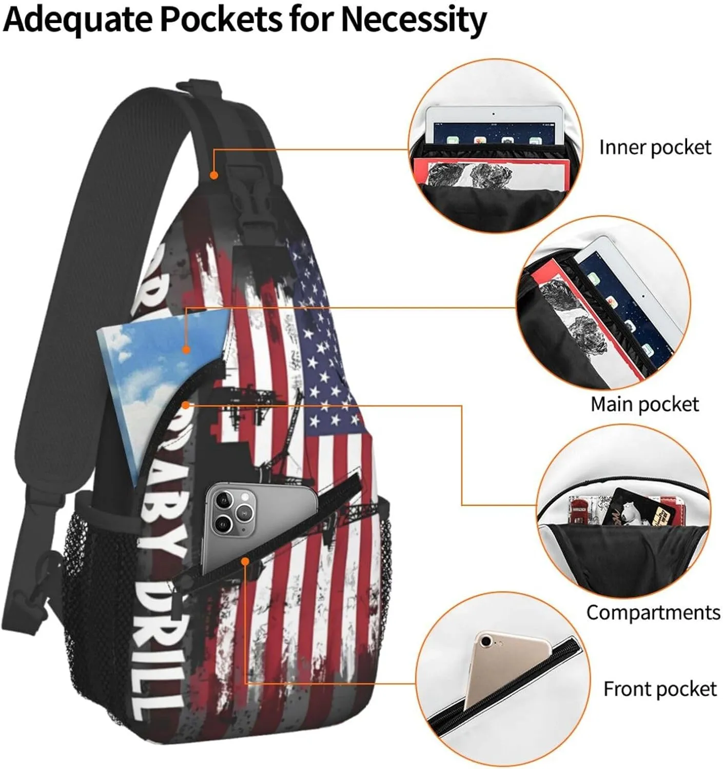 Drill Baby Drill American Small Crossbody Backpack Sling Bag For Men Women Mini One Shoulder Chest Bags Gym Sport Travel Hiking Daypack
