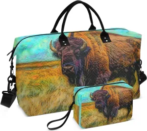 Duffel Bag Set for Travel Gym Sport, Weekender Bag Carry on Overnight Bags for Women Men-Bison Abstract Painting Print