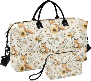 Duffel Bag Set for Travel Gym Sport, Weekender Bag Carry on Overnight Bags for Women Men-Fox Flowers Print