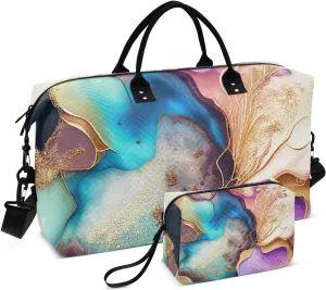 Duffel Bag Set for Travel Gym Sport, Weekender Bag Carry on Overnight Bags for Women Men-Purple Golden Marble Print