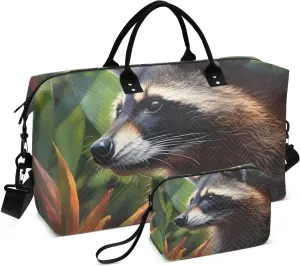 Duffel Bag Set for Travel Gym Sport, Weekender Bag Carry on Overnight Bags for Women Men-Raccoon Portrait Print
