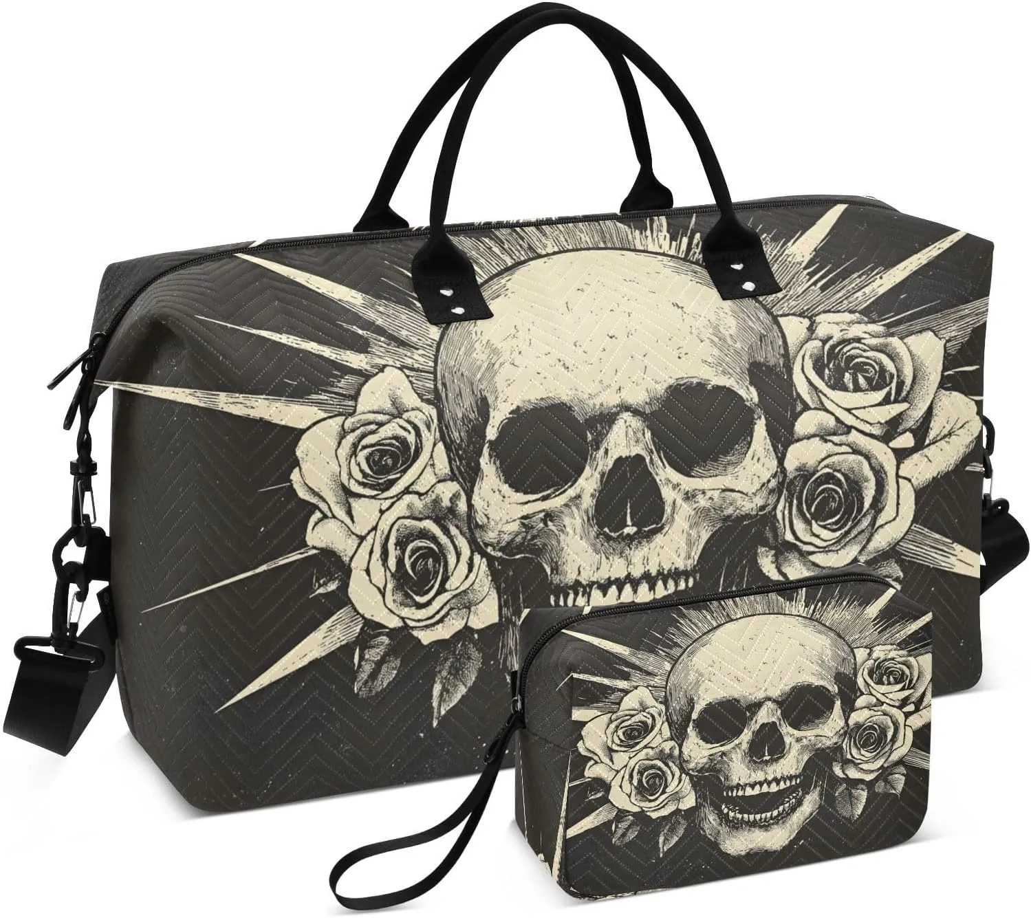 Duffel Bag Set for Travel Gym Sport, Weekender Bag Carry on Overnight Bags for Women Men-Roses Skeleton Print
