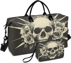 Duffel Bag Set for Travel Gym Sport, Weekender Bag Carry on Overnight Bags for Women Men-Roses Skeleton Print