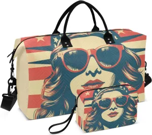 Duffel Bag Set with Toiletry Bag for Travel Gym Sport, Luggage Sleeve Weekender Bag Carry on Overnight Bag-American Vintage Poster Woman Print