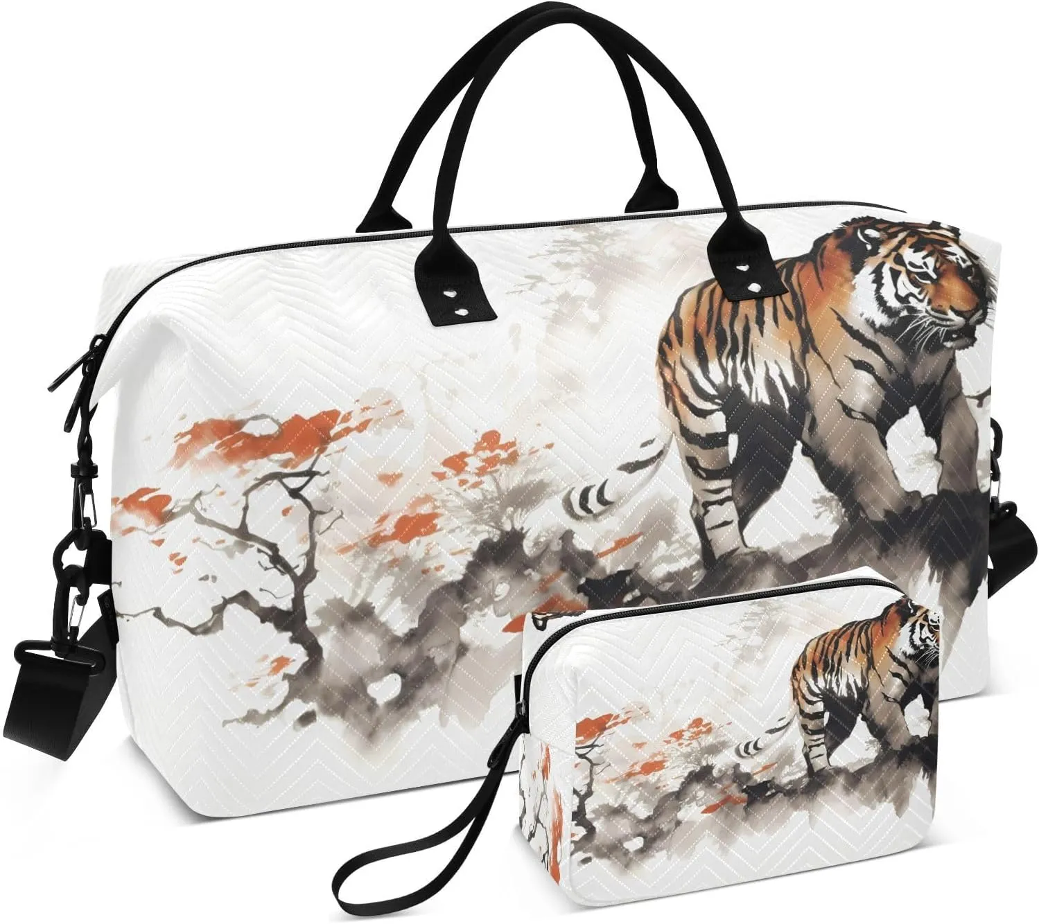 Duffel Bag Set with Toiletry Bag for Travel Gym Sport, Luggage Sleeve Weekender Bag Carry on Overnight Bag-Chinese Painting Tiger Print