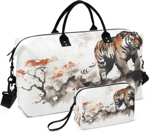 Duffel Bag Set with Toiletry Bag for Travel Gym Sport, Luggage Sleeve Weekender Bag Carry on Overnight Bag-Chinese Painting Tiger Print