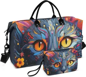 Duffel Bag Set with Toiletry Bag for Travel Gym Sport, Luggage Sleeve Weekender Bag Carry on Overnight Bag-Mystical Cat Print